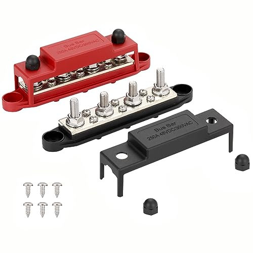 Greluma 1 Paar Stromverteilungsblock-Sammelschiene,4 x M8-Bolzen (5/16 Zoll),6 x M4-Schraubklemmen (#8),max.48 V,250 A,Positiv und Negativ