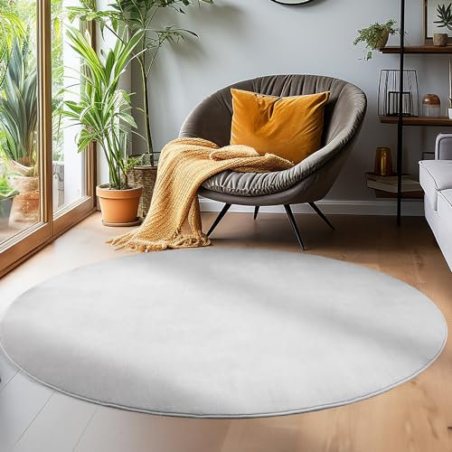 Carpettex Teppich Wohnzimmer Anti-Rutsch Teppich Waschbar in Waschmaschine 120 cm Rund Silberfarbe - Moderner Flauschiger Kurzflor Teppich Extra Weich Schlafzimmer Küche Flur Esszimmer Kinderzimmer