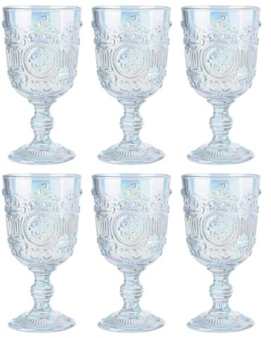 Sungmor Lot de 6 verres à vin vintage pressés classiques en verre à pied avec motif en relief, verres à eau transparents pour fête, mariage, usage quotidien