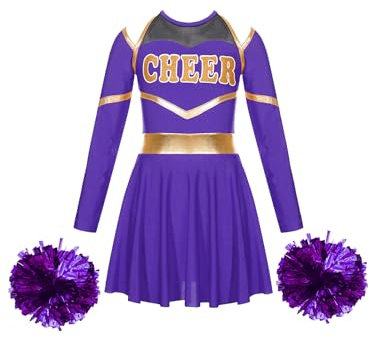 JanJean Kinder Cheer Leader Kostüm Mädchen Langarm Cheerleading Uniform Schulterfrei Kleid mit Pompoms/Harrband Schulmädchen Tanzkleid Halloween Cheerleading Outfits W Violett 134-140