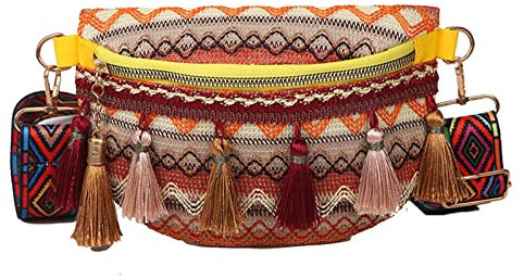 Damen Bauchtasche im Folk-Stil mit verstellbarem Riemen, bunte Farben, Bauchtasche mit Fransendekor, gelb, Free Size, Damen Quaste Crossbody Taschen Fransen Geldbörse Schulter