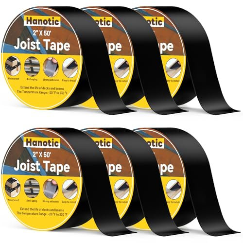 Hanotic Joist Tape for Decking 5cm x 15.2m (2'' X 50'), 6 Rolls Weather Resistance Butyl Tape, Waterproof and Anti-Corrosion, Self-Adhesive for Wood Joists Decks Beams Roof Rv