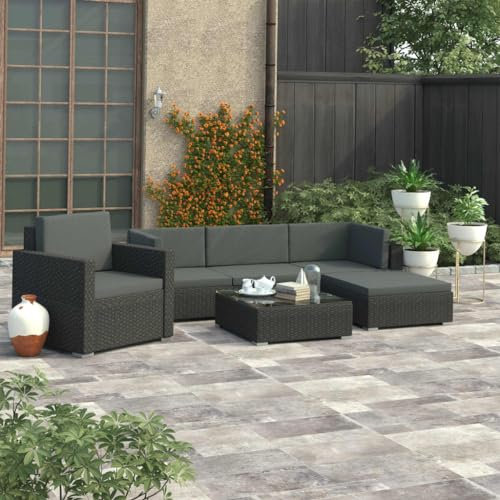 QJBSAVVA 6-TLG Garten-Lounge-Set, Schlafsofa Balkonmöbel Bodensofa Schlafsessel mit Bettfunktion Geeignet für Innenhof Parks Balkon Outdoor mit Auflagen Poly Rattan Schwarz