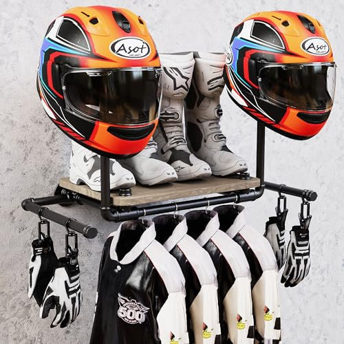 ATSKIM Motorcycle Helmet Holder Wall Mount, Helmet Stand with 4 Glove Clips, Helmet Hanger for Motorcycle Accesories Storage (Black)
