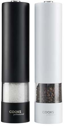 Cooks Professional Electric Salt and Pepper Mill Set | Battery Operated Automatic Grinders with Adjustable Course & Fine Grinding & One Touch Operation | Condiment Seasoning Grinder | Black & White