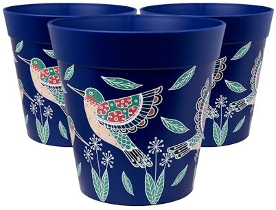 Hum Flowerpots, 25cm Set of 3, Various Patterns Colours and Sizes, Indoor/Outdoor Plastic Plant Pots (Blue Hummingbirds)