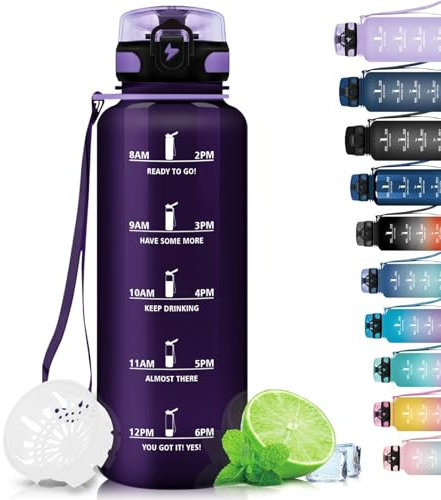 Grsta Trinkflasche 1.5 L - Trinkflasche Sport, BPA Frei, Trinkflasche Kohlensäure Geeignet, Auslaufsicher, Wasserflasche mit Filter und Zeitmarkierung für Fitness, Gym, Schule und Outdoor