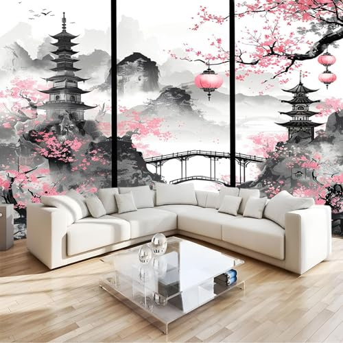 3D Fototapete Rosafarbener Blumengebäudeturm im japanischen Stil -Wanddeko, Wandbild, Wandtapete - Hochwertige Wanddekoration - 150 x 105 cm Vlies Tapete Wohnzimmer Schlafzimmer