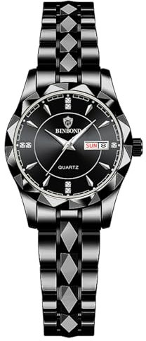 JewelryWe Damenuhr Edelstahl Uhren Damen: 30m Wasserdicht Kalender Analog Quarz Armbanduhr Frauen Schwarz Edelstahl Armband Lässig Business Uhr mit Schwarz Zifferblatt und Silber Leuchtzeiger