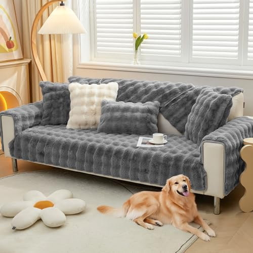 Royhom Plüsch Sofa Überzug L Form 1/2/3/4 Sitzer Couch Überzug Ecksofa, Sofaschoner rutschfest, Superweiche SofaÜberwurf aus Kunstpelz für Sofa, Teppich, Fensterbank Kissen(Dunkelgrau 90x180cm)