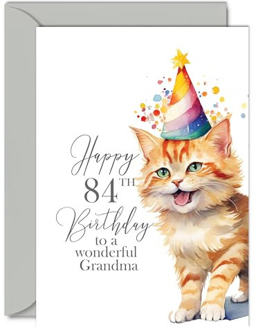 Geburtstagskarte zum 84. Geburtstag für Oma – Party Katze Kätzchen – Happy Birthday Karte für 84 Jahre alte Oma von Enkelin Enkel, A5 Geburtstag Frau Frauen Sie Grußkarten Geschenk für Oma