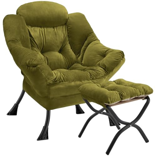 Congermom Lazy Chair mit klappbarem Ottomane, moderner großer Akzentstuhl, moderner Lounge-Stuhl mit Armlehnen, gepolstertes Sofa, Sessel, Lesesessel für Schlafzimmer, Wohnheim und Büro (Grün-f)