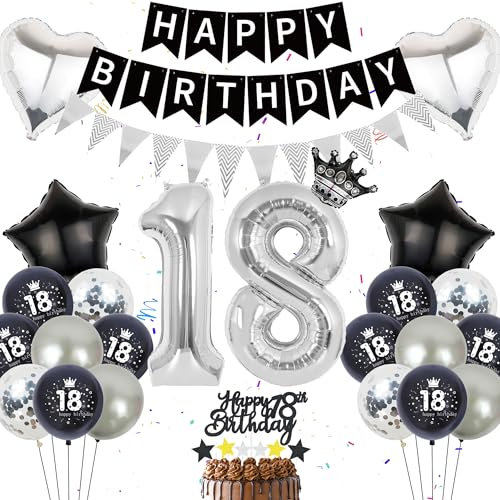 18. Geburtstag Deko Junge Mädchen - 55 Stück Schwarz Silber Deko, Happy Birthday Banners, Zahlenballons 18, Liebesstern Krone Folienballons Kuchendeko für die 18. Geburtstagsfeier