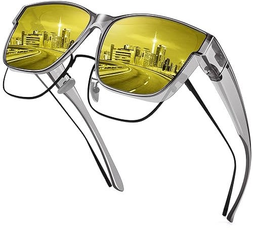 URUMQI Nachtsichtbrille für Autofahrer Herren Damen Überzieh Nachtsichtbrille Gelb Getönte Polarisierte Gläser Nachtbrille zum Autofahren Blendschutz Ultra Leicht Glänzend Grau Rahmen