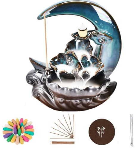 AiMeiteng Brûleur d'encens Cascade, Porte encens a refoulement, avec 100 cônes d'encens + 30 bâtonnets, Fontaine encens Cascade en céramique, pour la Maison,Bureau,Chambre à Coucher,Yoga