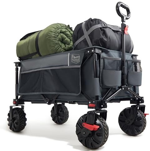 TIMBER RIDGE XXL Bollerwagen Faltbar Breite Reifen mit Bremse Strandwagen mit Seitentasche Getränkehalter Verstellbarem Griff Gartenwagen für Alle Gelände Draussen Einkaufen 100kg Belastbarkeit