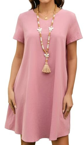 Enmain Robe en Rose Lin Femme été Manches Courtes col V Robe Femme Lin Ample et Decontractée Tunique Chic avec des Poches sans Accessoires L