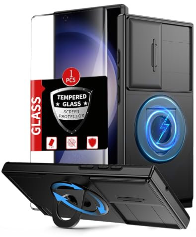 FRLMOOES for Samsung Galaxy S22 Ultra Case Magnetic Compatible with MagSafe Wireless Charging,with Screen Protector,Built-in Stand Ring+Camera Cover Anti-Scratch Shockproof Heavy Duty Protection Black