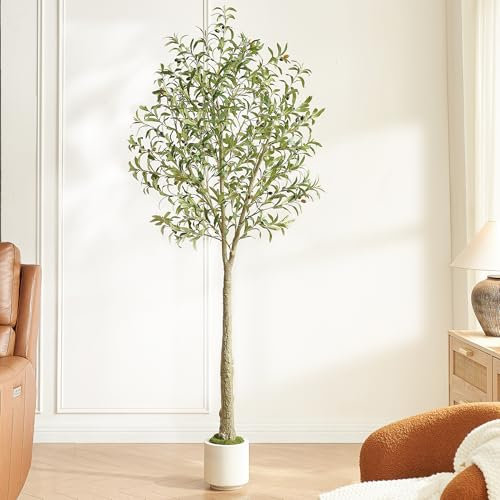 FloraFairy Ulivi artificiali per interni, altezza 2,1 m, con fioriera conica bianca alta, grandi piante finte con tronco in legno naturale e frutti realistici per la decorazione di casa e ufficio