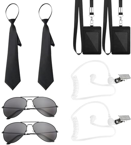 10 Stück Agent Kostüm Zubehör Set mit Sonnenbrille und Ausweis | Mit Krawattenkartenhalter, Hörerschlauch, Sonnenbrille und ID-Kartenhalter – Ideal für Cosplay, Mottopartys und Karneval