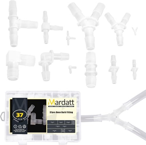 Mardatt 36Pcs 4 Type 12 Size 1/16” to 9/16” Plastic Hose Barb Fitting Kit, Straight Y Shape T Shape 90 ° Elbow L Barbed Connector Splicer Mender Joint Adapter Union Reducer Fittings for Air Water Fuel
