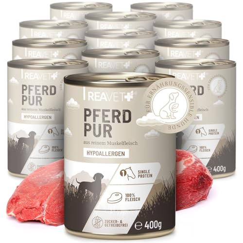 ReaVET Premium Hunde Nassfutter - Pferd Pur 12 x 400g I Reines Muskelfleisch, Hypoallergen, ohne Getreide & Zusätze, Hundenassfutter sensitiv für Allergiker