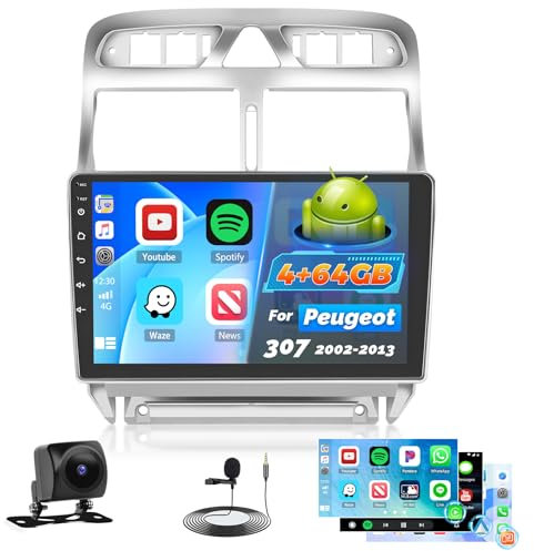 Roinvou 4+64G Radio Coche para Peugeot 307 2002-2013 Carplay Inalámbrico Android Auto, Android 15 Pantalla Radio 2DIN 9 Pulgadas con MirrorLink Bluetooth WiFi GPS 32EQ RDS/FM SWC Cámara