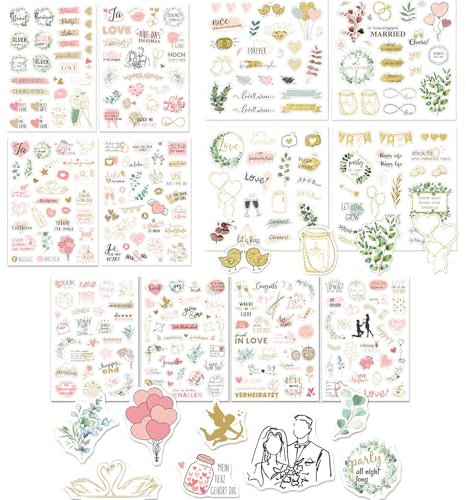 Embhlitfe 12pcs Sticker Hochzeit Gästebuch, 320 Stück Gästebuch Hochzeit Aufkleber für Gästebücher und Fotoalbum, Sticker Liebe, Vintage HochzeitAufkleber für Karten, Hochzeiten, Party Dekorationen