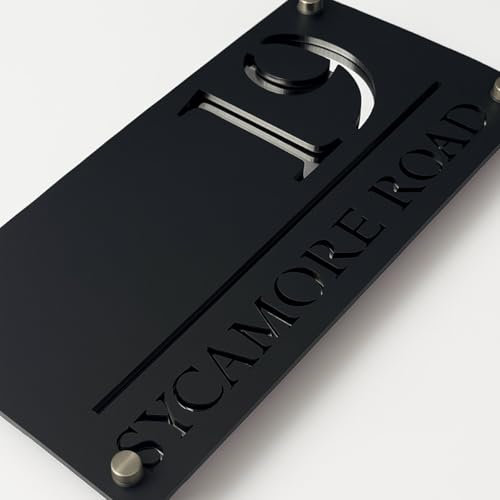 House Numbers Plaques Door Signs For Outside Personalised Door Numbers Custom Name Sign Home 3D Door Street Address Plate (Black and Silver Text)