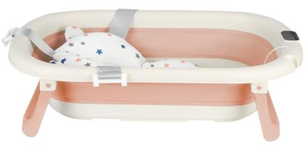 Baignoire Pliable Pour Bébé - Avec Bouchon de Vidange & Affichage de la Température & Coussin de Siège - Ultra Compact –pieds Antidérapants-A-43 * 71 * 18,5 cm (rose)