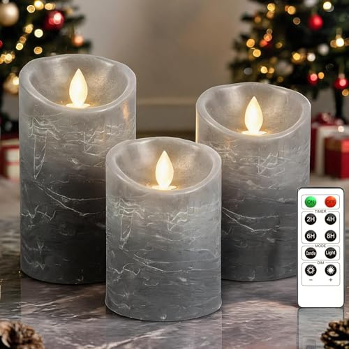 PinnWaa LED Kerzen, 3 Stumpenkerzen, Flammenlos, Flackernd, Grau | 10-Tasten-Fernbedienung, Timer 2/4/6/8 Std, Batteriebetrieb, Dimmbares Licht, Weihnachtsdeko, Hochzeit, Party und Tischdeko
