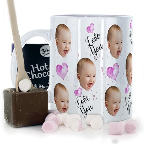 Hairyworm Personalised Mug and Belgian Milk Chocolate/Hot Chocolate Stirrer Marshmallow Gift Set, (11oz) Happy Birthday Mug Customised with Stickerbomb Face Photo, Love You Pink Heart