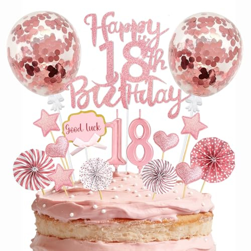 Tortendeko 18 Geburtstag Mädchen, 20 Stück Glitzer Happy 18th Birthday mit Geburtstagskerzen Kuchendeko, Roségold Cake Topper Deko 18 Geburtstag Mädchen Geschenke