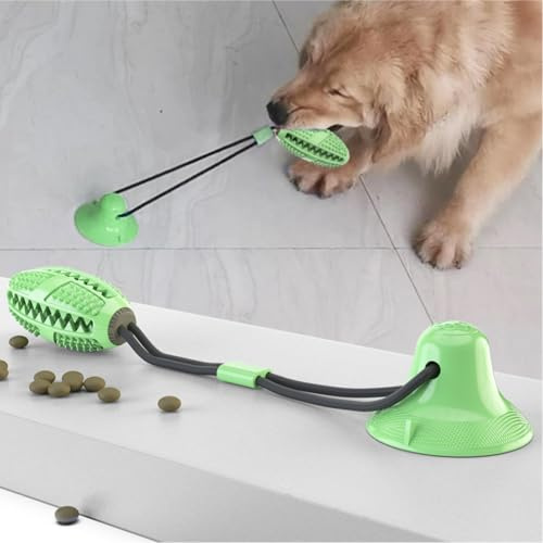 Applearwen Juguete para perros con ventosa, bola multifunción interactiva con masticador, limpiador de dientes y salida de comida para perros, para masticar, tirar y jugar (verde)