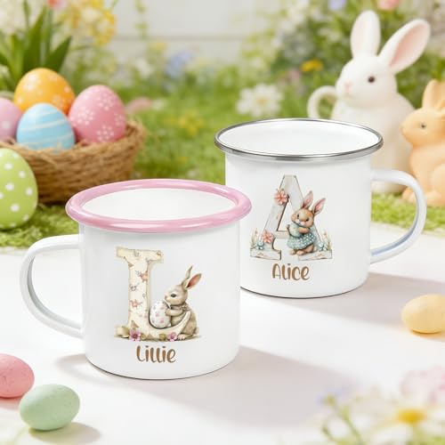 CALLIE Personalised Cute Rabbit Easter Mug for Kids, 12 oz Custom Colored Bunny Enamel Coffee Mug Cup with Name and Initial, Easter Basket Stuffers Party Birthday Gift for Family Friend