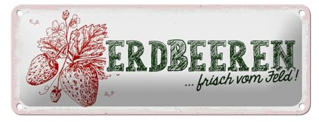 Femer Blechschild Reklame 27x10 cm Erdbeeren frisch vom Feld Hinweis Deko Schild