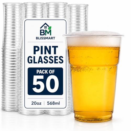 BLISSMART Plastic Pint Glasses 50 Pack 20oz 568ml UKCA Marked Clear BPA Free Strong Disposable Beer Cups for Parties BBQs Events