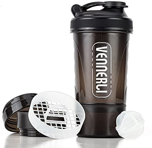 VENNERLI Protein Shaker Bottle with Storage Mixing Ball 100% BPA Free Leak Proof Smoothies Nutrition Shaker Cups Strong Durable Sports Gym Diet Fitness (Black)