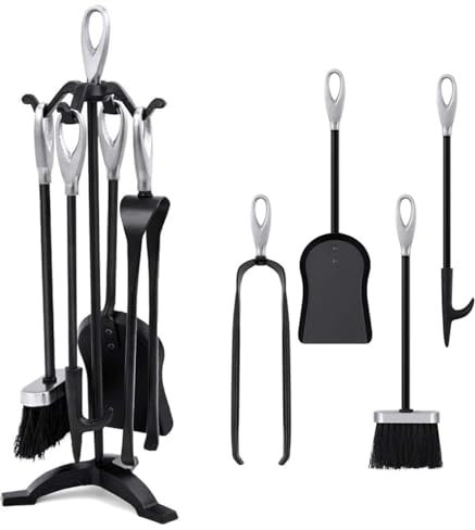 Amagabeli Garden Home Utensilios Chimenea 5 Piezas accesorios estufa leña Set clásico para chimenea Kit de Chimenea Atizador Escoba Pala y Soporte Negro-plata