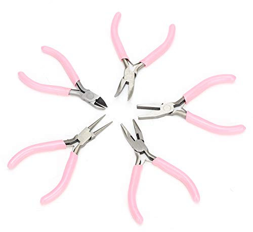 TMISHION 4-in Pink Metal Pliers Set, Including Wire Cutter, Needle Nose, Long Nose, Side Cutter, Mini Pliers for DIY Crafts and Jewelry