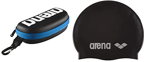 ARENA Unisex Schwimmbrillen Etui zur Aufbewahrung der Schwimmbrille, Black-White-Royal (507), One Size & Unisex Badekappe Classic Silikon, Black-Silver (55), One Size