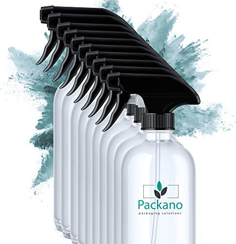 Martenbrown Packano® 10 botellas vacías de 500 ml de PET con cabezal pulverizador negro, adecuadas también para productos de limpieza, pulverizador vacío transparente sin etiqueta, posee una función