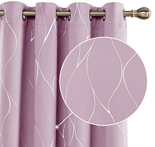 Deconovo Lot de 2 Rideau Occultants Isolants Rideau Chambre Fille a Oeillets avec Motif Argente Rose Pâle 140x180 CM