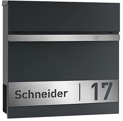 AlbersDesign - Personalisierter Design-Briefkasten individuell mit Ihrem Namen/in anthrazit (RAL7016) / mit Edelstahl-Schild