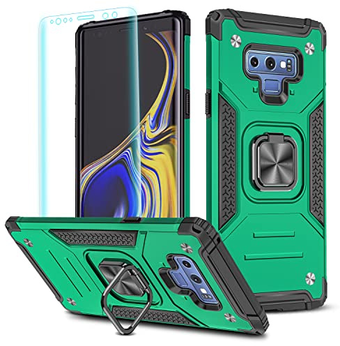 YmhxcY Compatible with Galaxy Note 9 Case with 3D Curved Screen Protector,Armor Grade Cases with Rotating Holder Kickstand Non-Slip Hybrid Case For Samsung Galaxy Note 9 6.4 KK Dark Green