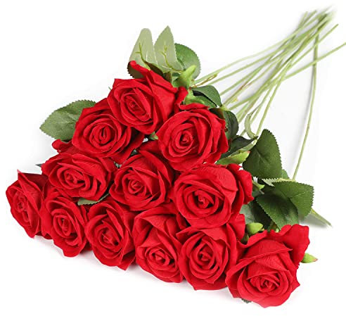Anaoo 12 pcs Roses Fleurs Artificielles de Soie Faux Bouquet Arrangements Décoration Floraux Rose Fleurs Maison Mariage Fête d'anniversaire Salon Bureau Jardin Décor Florale, Rot, Rouge