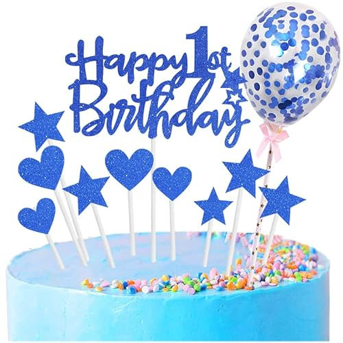 Personalised Happy Birthday Cake Toppers - Blue for Baby Boy & Girl, Glitter Cupcake Toppers - 11p, 1st Birthday Cake Decorations
