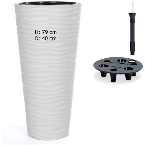 MELTOM Pot de fleurs avec système d'irrigation, effet 3D, vagues, rond, slim, couleur : blanc, diamètre x H : 40 x 79 cm, haut