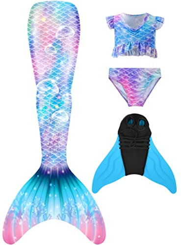NAITOKE meerjungfrauenflosse mädchen Badeanzug - Meerjungfrau Flosse Bademode mit Bikini Set und Monoflosse Mermaid Tail, 4 Stück Set, XQSAAK,110