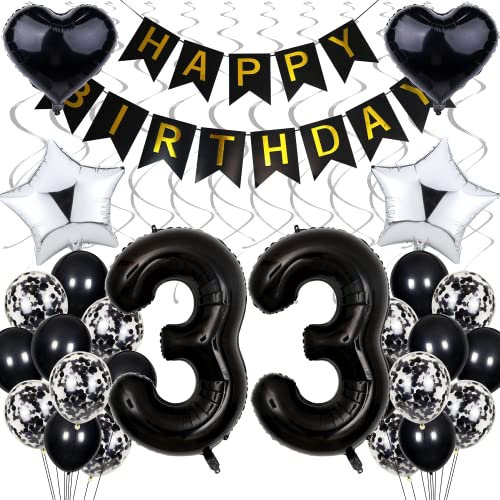 śli ووجد Abendballon 33. Geburtstag Dekoration – 2 in 1 für Frauen & Männer Party Luft ballons - Schwarz & Silber
